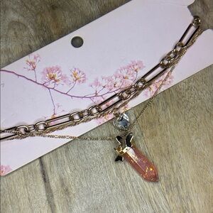 ♥️ Paperclip , Rhinestone Heart Faux Quartz Butterfly Goldtone Necklace Trio NWT